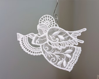 Angel Blowing A Trumpet Ornament With Iridescant Organza Wings and Body - Embroidered Free Standing Lace
