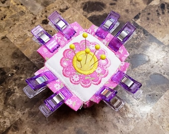Mini Pin Cushion with Secure Clip Flanges - Embroidered Dresden Flower