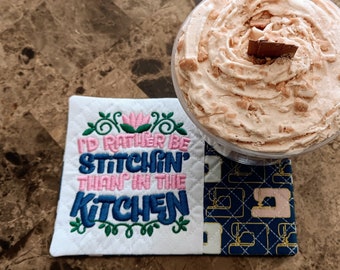 I'd Rather Be Stitchin' Than In The Kitchen Mug Rug Sewing Quilting Rectangle Coaster Coffee Tea Lover's Gift