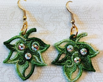 Maple Leaf Earrings - Rhinestones - Embroidered Free Standing Lace