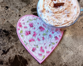 Hearts and Roses Mug Rug - Ideal Gift for Coffee and Tea Lovers - Fabric Rectangle Coaster
