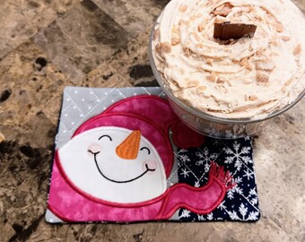 Cheerful Snowman Mug Rug - Ideal Gift for Coffee and Tea Lovers - Fabric Rectangle Coaster