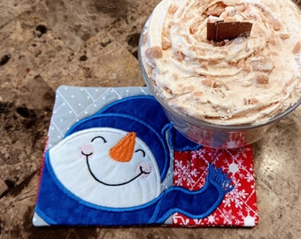 Cheerful Snowman Mug Rug - Ideal Gift for Coffee and Tea Lovers - Fabric Rectangle Coaster