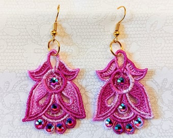 Angel or Tulip Earrings - Rhinestones - Embroidered Free Standing Lace
