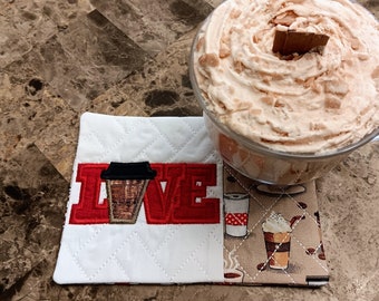 Love Coffee Mug Rug - Ideal Gift for Coffee and Tea Lovers - Fabric Rectangle Coaster