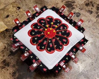 Extra Large Pin Cushion with Secure Clip Flanges - Embroidered Dresden Flower