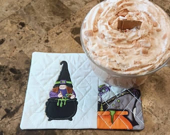 Gnome Witch Stirring Cauldron Mug Rug Halloween Rectangle Coaster Coffee Tea Lover's Gift