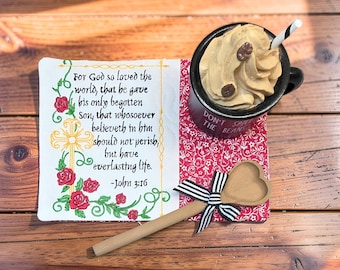 Christian Mug Rug - John 3:16 Embroidered on Rectangle Coaster