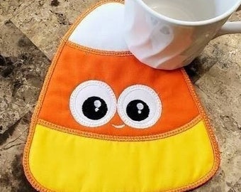 Candy Corn Mug Rug - Ideal Gift for Coffee and Tea Lovers - Fabric Rectangle Coaster