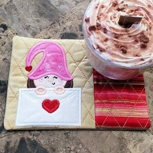 Valentine&#39;s Day Mug Rug - Ideal Gift for Coffee and Tea Lovers - Fabric Rectangle Coaster