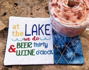 Summer Mug Rug Embroidered With "At The Lake Beer Thirty & Wine O'Clock" - Quilted Coaster Gift