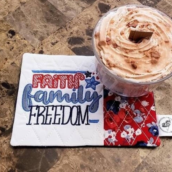 Faith Family Freedom Mug Rug Patriotic Christian Rectangle Coaster 4th of July Military Veteran Coffee Tea Lover Present Hostess Gift