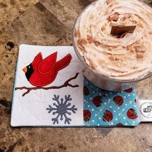 Cardinal Mug Rug Snowflake Rectangle Coaster Christmas Winter Holiday Coffee Tea Lover Present Hostess Gift