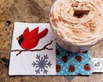 Cardinal Mug Rug - Ideal Gift for Coffee and Tea Lovers - Fabric Rectangle Coaster