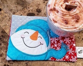 Cheerful Snowman Mug Rug - Ideal Gift for Coffee and Tea Lovers - Fabric Rectangle Coaster