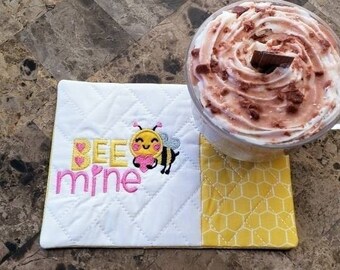 Valentine's Day Mug Rug: Bee Mine Rectangle Coaster - Gift for Coffee Lovers
