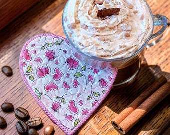 Heart Shaped Mug Rug: Quilted Coaster Gift - Embroidered