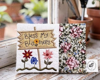 Gardening Mug Rug: Quilted Coaster Gift - "Bless My Bloomers" Embroidered Message