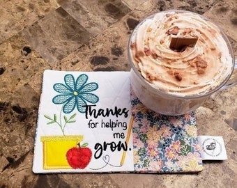 Thanks For Helping Me Grow Mug Rug Teacher Appreciation Gift Rectangle Coaster for Teacher Apple Flower Coffee Tea Lover's Gift