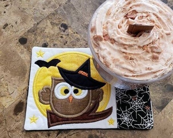 Owl in Witch Hat Mug Rug Halloween Rectangle Coaster Bat Spider Web Coffee Tea Lover's Gift