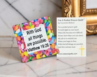Easter Pocket Prayer Quilt with Cross - Matthew 19:26 Embroidered Scripture
