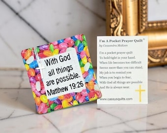 Easter Pocket Prayer Quilt with Cross - Matthew 19:26 Embroidered Scripture