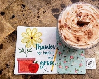 Thanks For Helping Me Grow Mug Rug Apple Rectangle Coaster Gift for Teacher Appreciation Flower Coffee Tea Lover's Gift