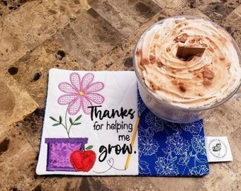Thanks For Helping Me Grow Mug Rug Apple Rectangle Coaster Gift for Teacher Appreciation Flower Coffee Tea Lover's Gift