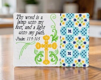 Christian Mug Rug - "Thy Word Is A Lamp Unto My Feet"  Psalm 119:105 Embroidered Scripture - Quilted Coaster Gift