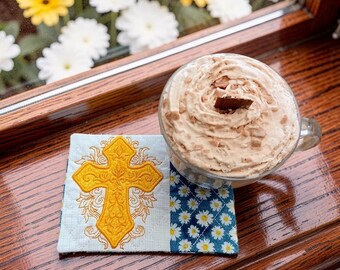 Christian Mug Rug: Embroidered Cross - Quilted Coaster Gift