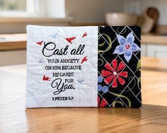 Christian Mug Rug - "Cast All Your Anxiety On Him" 1 Peter 5:7 Embroidered Scripture  - Quilted Coaster Gift
