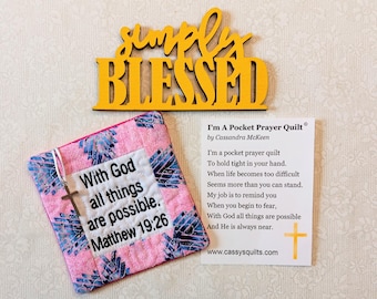 Pocket Prayer Quilt With Cross & Back Pocket - Embroidered With Scripture "With God All Things Are Possible" Matthew 19:26