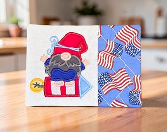 Patriotic Mug Rug Embroidered With A Gnome On A Firework - Quilted Coaster Gift