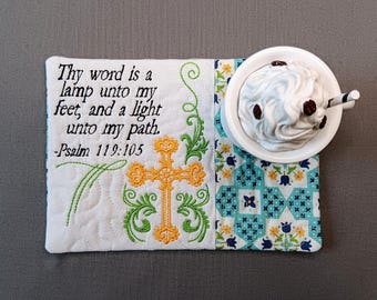 Christian Mug Rug - Ideal Gift for Coffee and Tea Lovers - Fabric Rectangle Coaster