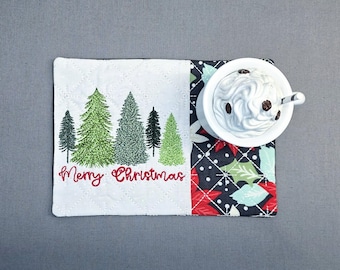 Christmas Trees Mug Rug - Ideal Gift for Coffee and Tea Lovers - Fabric Rectangle Coaster