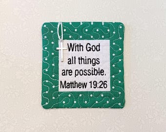 Pocket Prayer Quilt with Cross - Matthew 19:26 Embroidered Scripture