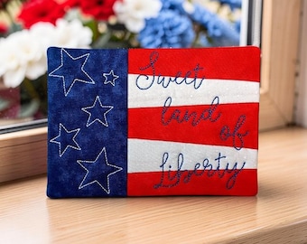 American Flag Mug Rug Embroidered With "Sweet Land of Liberty" - Patriotic Quilted Coaster Gift