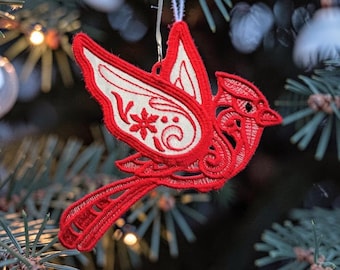 Red Cardinal Christmas Ornament with Sparkling Iridescent Wings - Embroidered  Free Standing Lace