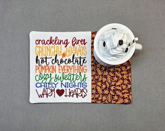 Fall Leaves Mug Rug: Word Art Rectangle Coaster - Gift for Coffee & Tea Lovers