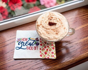 Christian Mug Rug: "How Great Thou Art" Embroidered Hymn - Quilted Coaster Gift