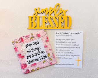 Pocket Prayer Quilt With Cross & Back Pocket - Embroidered With Scripture "With God All Things Are Possible" Matthew 19:26