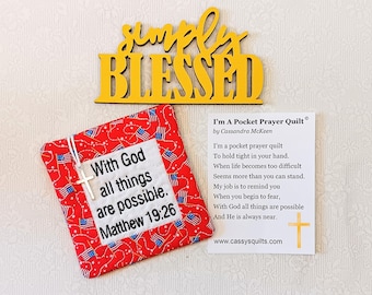 Pocket Prayer Quilt With Cross & Back Pocket - Embroidered With Scripture "With God All Things Are Possible" Matthew 19:26