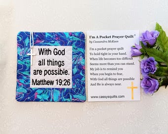 Pocket Prayer Quilt With Cross & Back Pocket - Embroidered With Scripture "With God All Things Are Possible" Matthew 19:26