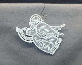 Angel Blowing A Trumpet Ornament With Iridescant Organza Wings and Body - Embroidered Free Standing Lace