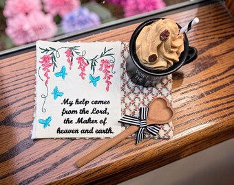 Christian Mug Rug - "My Help Comes From The Lord" Psalm 121:2 Embroidered Scripture - Quilted Coaster Gift