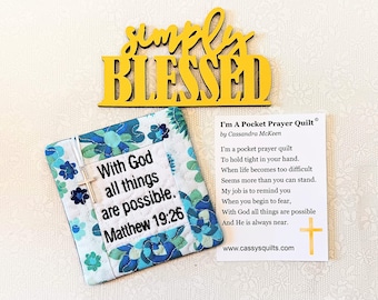 Pocket Prayer Quilt With Cross & Back Pocket - Embroidered With Scripture "With God All Things Are Possible" Matthew 19:26