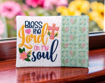 Christian Mug Rug - "Bless The Lord Oh My Soul" Psalm 103:3 Embroidered Scripture - Quilted Coaster Gift