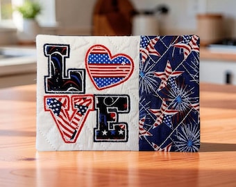 Patriotic Mug Rug Embroidered With "LOVE" - Quilted Coaster Gift
