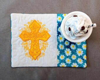Cross Mug Rug - Ideal Gift for Coffee and Tea Lovers - Fabric Rectangle Coaster