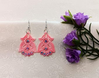 Angel or Tulip Earrings - Rhinestones - Embroidered Free Standing Lace